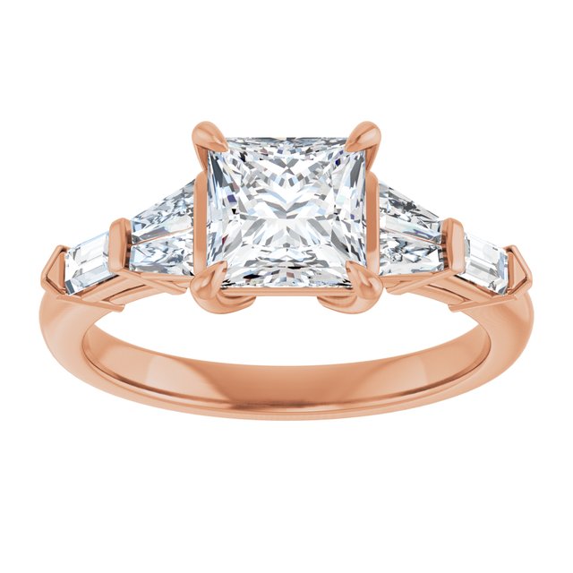 PENELOPE Solitaire Square Engagement Ring with Tapered & Straight Baguettes - 18K Rose Gold - View 3