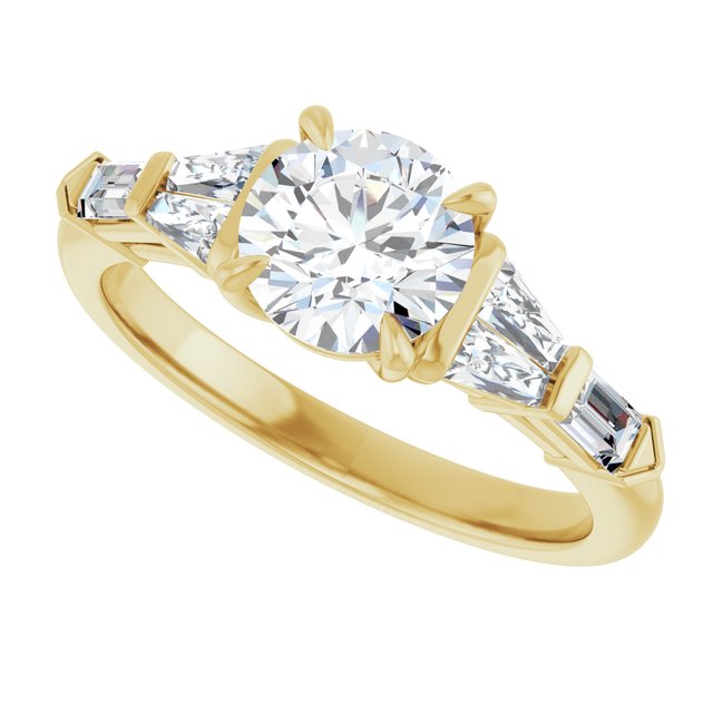 PENELOPE Solitaire Round Engagement Ring with Tapered & Straight Baguettes - 18K Yellow Gold - View 5
