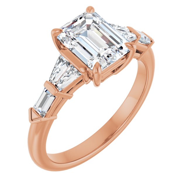 PENELOPE Solitaire Emerald Engagement Ring with Tapered & Straight Baguettes - 18K Rose Gold - View 1