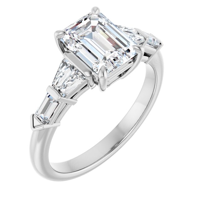 PENELOPE Solitaire Emerald Engagement Ring with Tapered & Straight Baguettes - Platinum - View 1