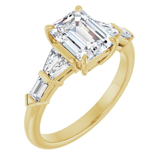 PENELOPE Solitaire Emerald Engagement Ring with Tapered & Straight Baguettes - 18K Yellow Gold - View 1
