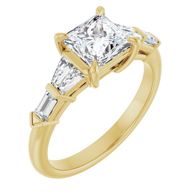 PENELOPE Solitaire Square Engagement Ring with Tapered & Straight Baguettes - 18K Yellow Gold - View 1