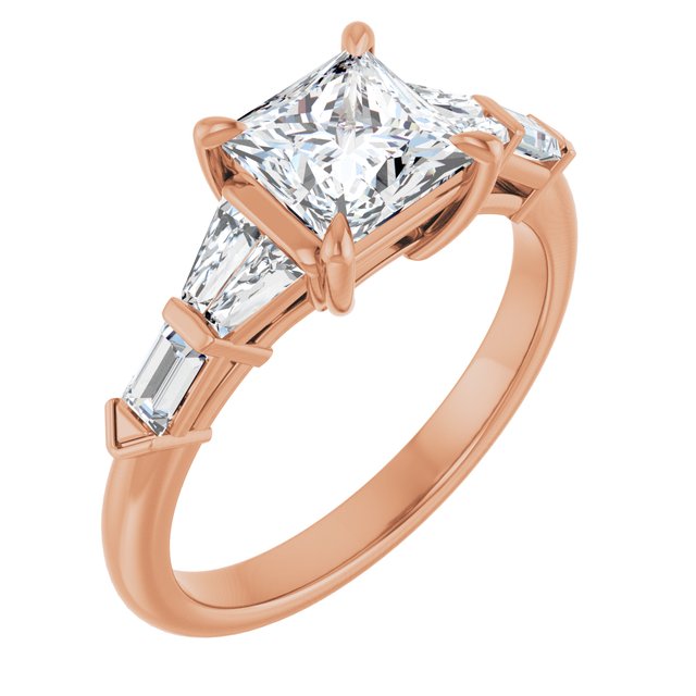 PENELOPE Solitaire Square Engagement Ring with Tapered & Straight Baguettes - 18K Rose Gold - View 1