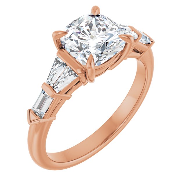 PENELOPE Solitaire Cushion Engagement Ring with Tapered & Straight Baguettes - 18K Rose Gold - View 1