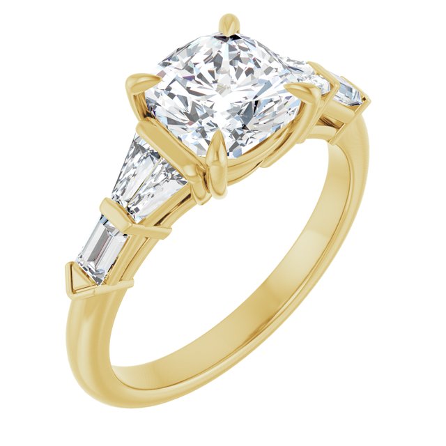PENELOPE Solitaire Cushion Engagement Ring with Tapered & Straight Baguettes - 18K Yellow Gold - View 1