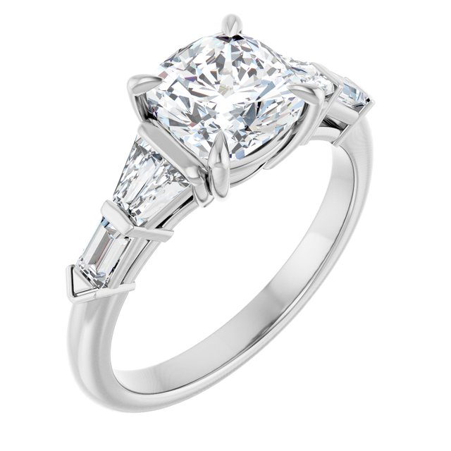 PENELOPE Solitaire Cushion Engagement Ring with Tapered & Straight Baguettes - Platinum - View 1