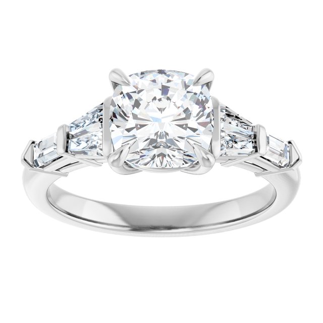 PENELOPE Solitaire Cushion Engagement Ring with Tapered & Straight Baguettes - Platinum - View 3