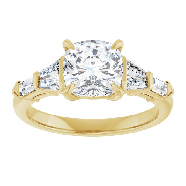 PENELOPE Solitaire Cushion Engagement Ring with Tapered & Straight Baguettes - 18K Yellow Gold - View 3