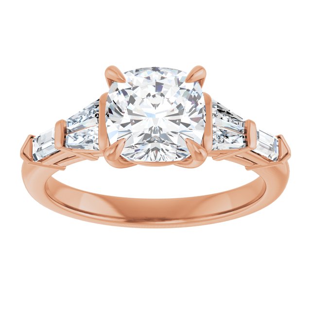 PENELOPE Solitaire Cushion Engagement Ring with Tapered & Straight Baguettes - 18K Rose Gold - View 3