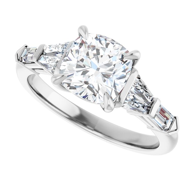PENELOPE Solitaire Cushion Engagement Ring with Tapered & Straight Baguettes - Platinum - View 5