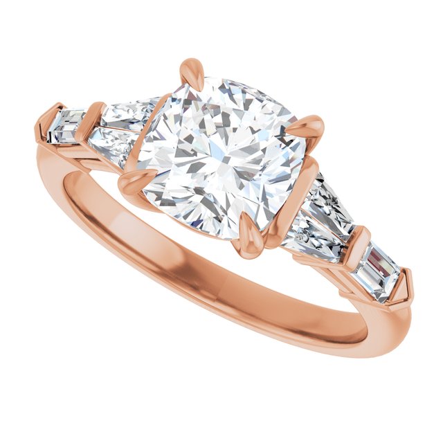 PENELOPE Solitaire Cushion Engagement Ring with Tapered & Straight Baguettes - 18K Rose Gold - View 5