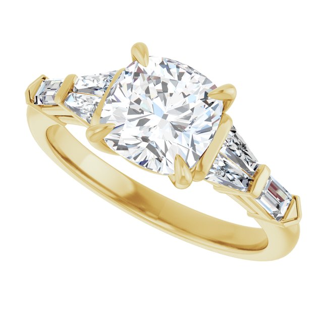 PENELOPE Solitaire Cushion Engagement Ring with Tapered & Straight Baguettes - 18K Yellow Gold - View 5