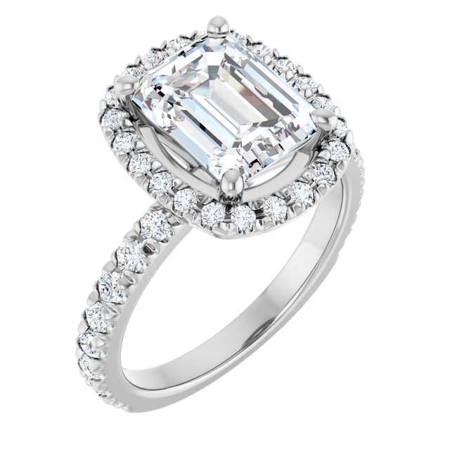 KRISTIANA Halo Emerald Engagement Ring with Shoulder Diamonds - Platinum - View 1