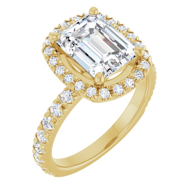 KRISTIANA Halo Emerald Engagement Ring with Shoulder Diamonds - 18K Yellow Gold - View 1