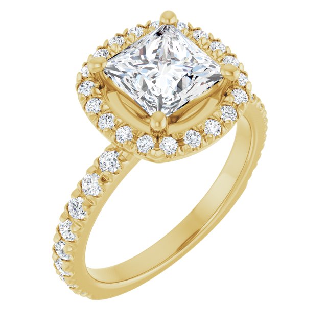 KRISTIANA Halo Square Engagement Ring with Shoulder Diamonds - 18K Yellow Gold - View 1