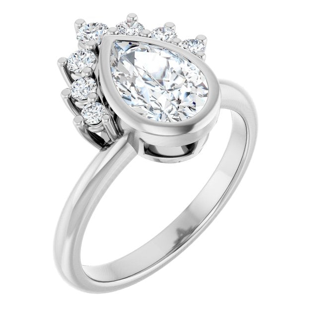 NATALIA Bezel Set Pear Engagement Ring with Half Halo Claw Set - Platinum - View 1