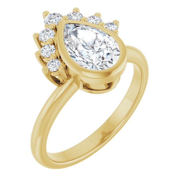 NATALIA Bezel Set Pear Engagement Ring with Half Halo Claw Set - 18K Yellow Gold - View 1