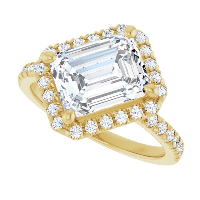 JORDAN Off-Centre Halo Emerald Engagement Ring with Shoulder Diamonds - 18K Yellow Gold - View 5