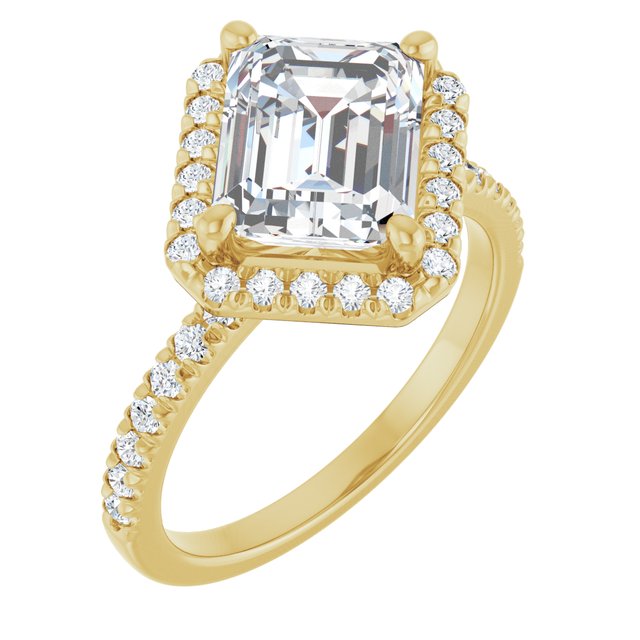 JORDAN Off-Centre Halo Emerald Engagement Ring with Shoulder Diamonds - 18K Yellow Gold - View 1