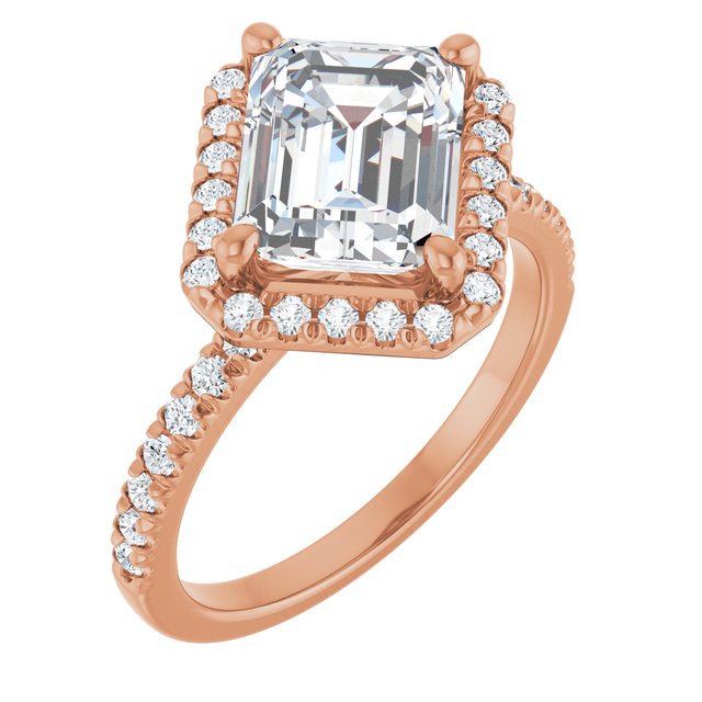 JORDAN Off-Centre Halo Emerald Engagement Ring with Shoulder Diamonds - 18K Rose Gold - View 1