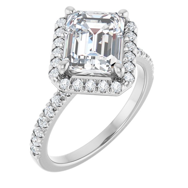JORDAN Off-Centre Halo Emerald Engagement Ring with Shoulder Diamonds - Platinum - View 1