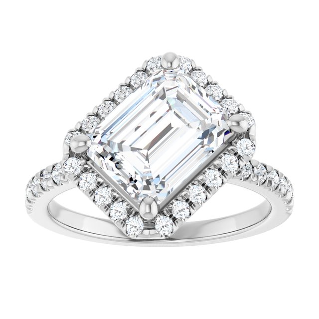 JORDAN Off-Centre Halo Emerald Engagement Ring with Shoulder Diamonds - Platinum - View 3