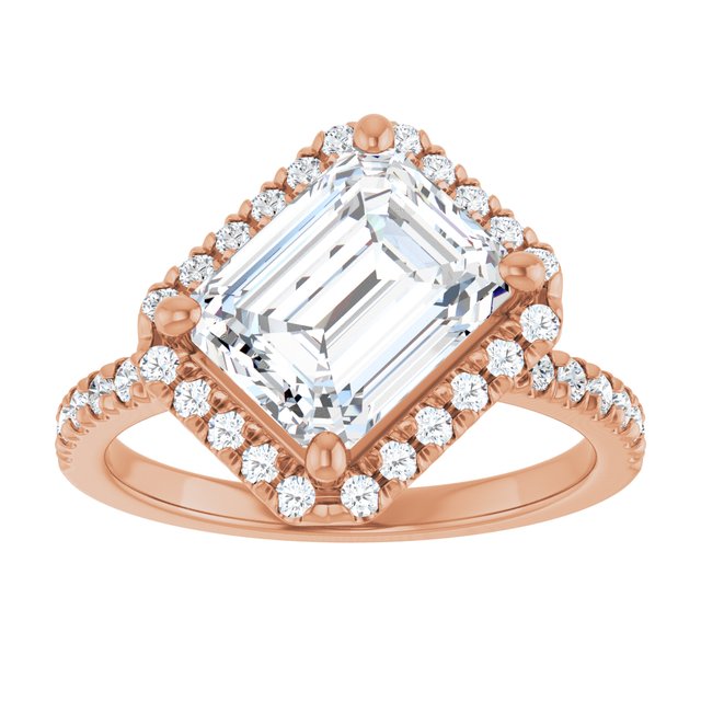 JORDAN Off-Centre Halo Emerald Engagement Ring with Shoulder Diamonds - 18K Rose Gold - View 3