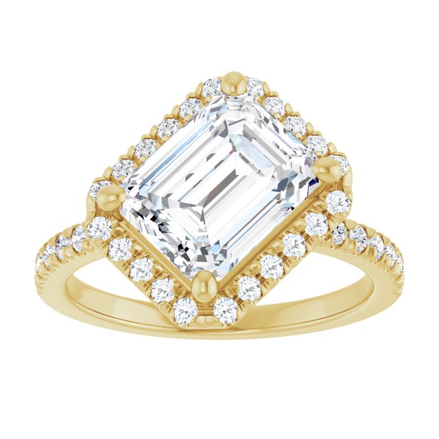 JORDAN Off-Centre Halo Emerald Engagement Ring with Shoulder Diamonds - 18K Yellow Gold - View 3