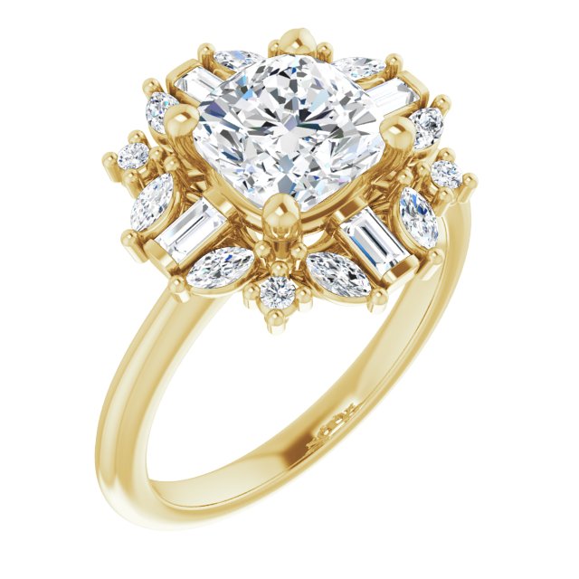 VIOLA Halo Cushion Engagement Ring with Baguette, Round & Marquise Diamonds - 18K Yellow Gold - View 1
