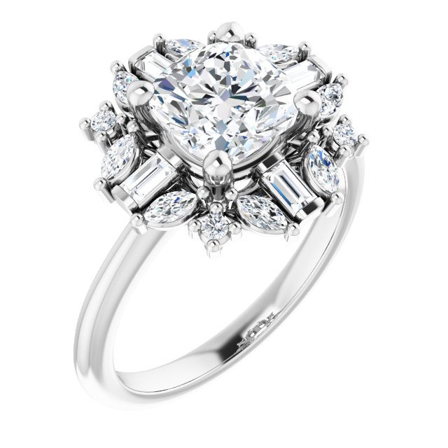 VIOLA Halo Cushion Engagement Ring with Baguette, Round & Marquise Diamonds - Platinum - View 1