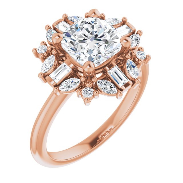 VIOLA Halo Cushion Engagement Ring with Baguette, Round & Marquise Diamonds - 18K Rose Gold - View 1