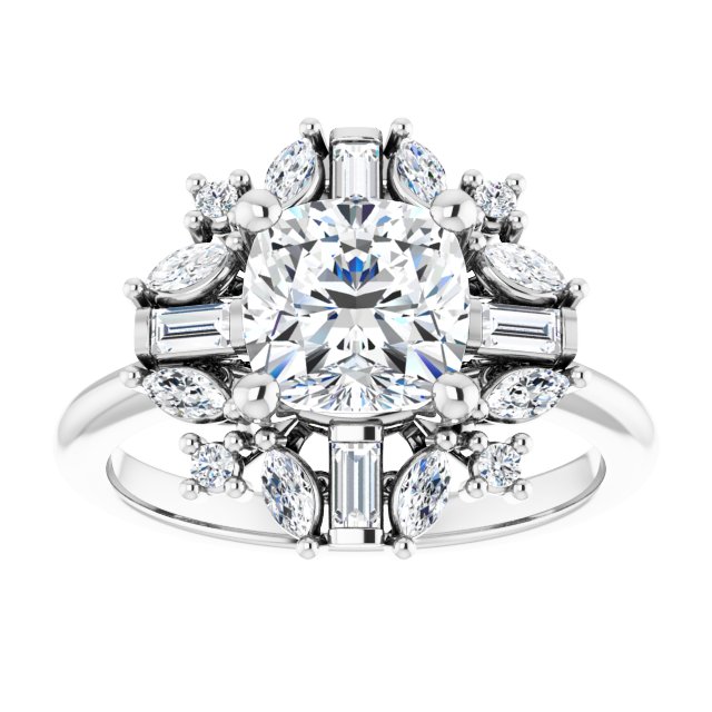 VIOLA Halo Cushion Engagement Ring with Baguette, Round & Marquise Diamonds - Platinum - View 3