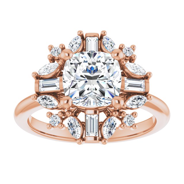 VIOLA Halo Cushion Engagement Ring with Baguette, Round & Marquise Diamonds - 18K Rose Gold - View 3