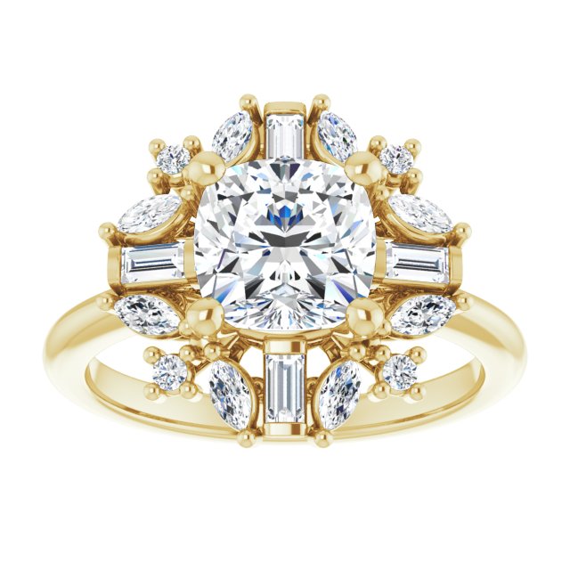 VIOLA Halo Cushion Engagement Ring with Baguette, Round & Marquise Diamonds - 18K Yellow Gold - View 3
