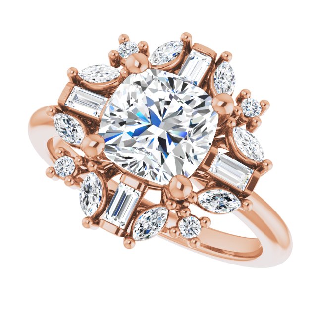 VIOLA Halo Cushion Engagement Ring with Baguette, Round & Marquise Diamonds - 18K Rose Gold - View 5