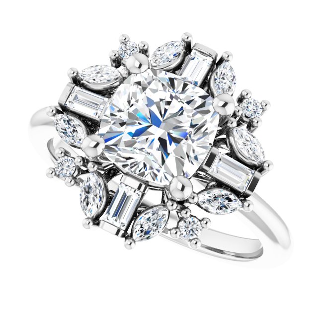 VIOLA Halo Cushion Engagement Ring with Baguette, Round & Marquise Diamonds - Platinum - View 5