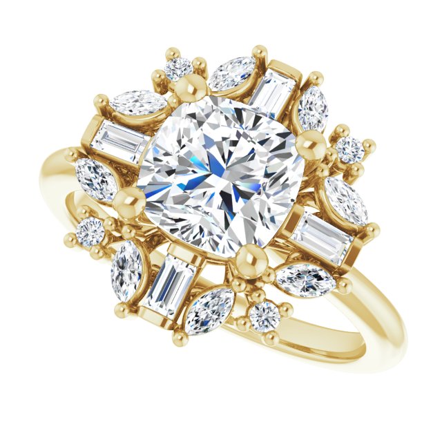 VIOLA Halo Cushion Engagement Ring with Baguette, Round & Marquise Diamonds - 18K Yellow Gold - View 5