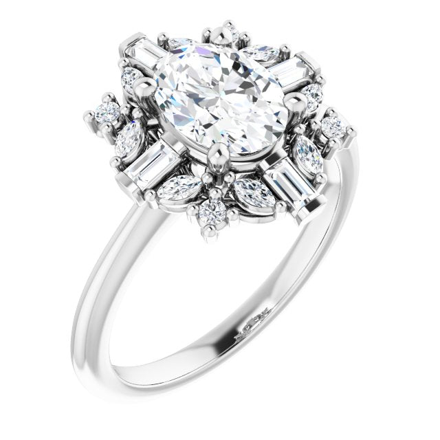 VIOLA Halo Oval Engagement Ring with Baguette, Round & Marquise Diamonds - Platinum - View 1