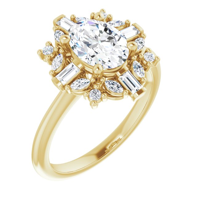 VIOLA Halo Oval Engagement Ring with Baguette, Round & Marquise Diamonds - 18K Yellow Gold - View 1