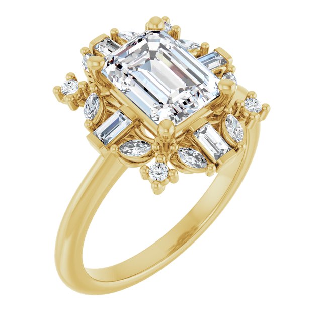 VIOLA Halo Emerald Engagement Ring with Baguette, Round & Marquise Diamonds - 18K Yellow Gold - View 1