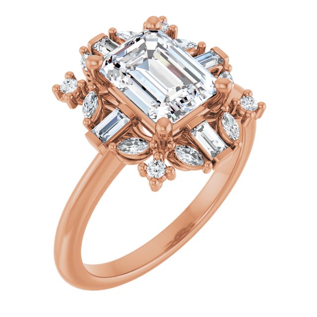 VIOLA Halo Emerald Engagement Ring with Baguette, Round & Marquise Diamonds - 18K Rose Gold - View 1