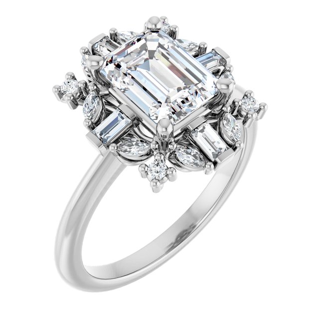 VIOLA Halo Emerald Engagement Ring with Baguette, Round & Marquise Diamonds - Platinum - View 1