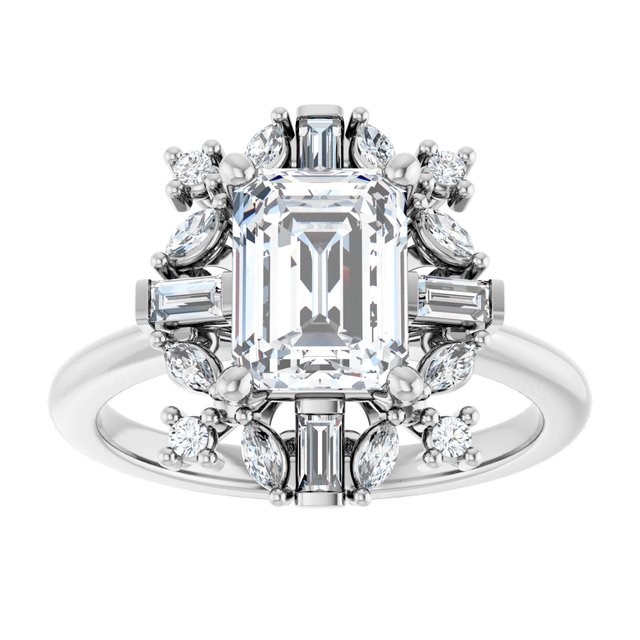 VIOLA Halo Emerald Engagement Ring with Baguette, Round & Marquise Diamonds - Platinum - View 3