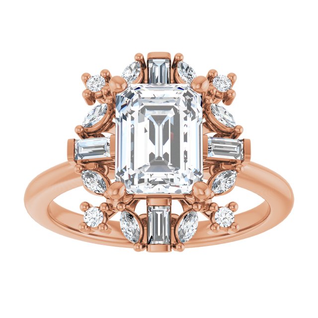 VIOLA Halo Emerald Engagement Ring with Baguette, Round & Marquise Diamonds - 18K Rose Gold - View 3