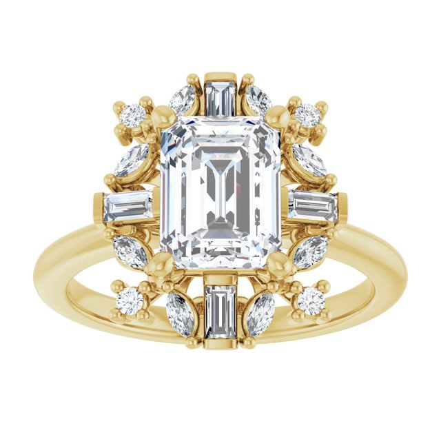 VIOLA Halo Emerald Engagement Ring with Baguette, Round & Marquise Diamonds - 18K Yellow Gold - View 3