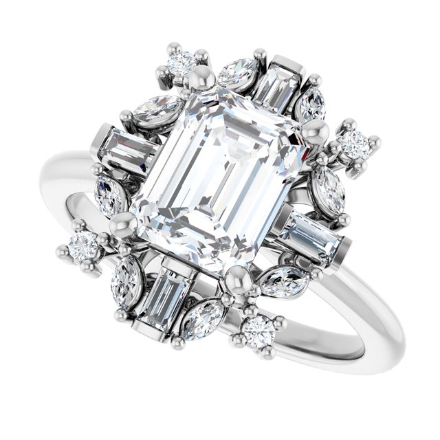 VIOLA Halo Emerald Engagement Ring with Baguette, Round & Marquise Diamonds - Platinum - View 5