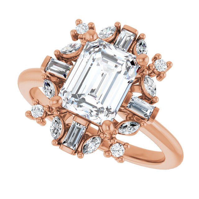 VIOLA Halo Emerald Engagement Ring with Baguette, Round & Marquise Diamonds - 18K Rose Gold - View 5