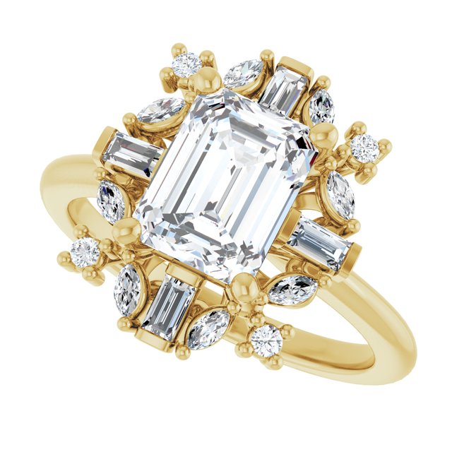 VIOLA Halo Emerald Engagement Ring with Baguette, Round & Marquise Diamonds - 18K Yellow Gold - View 5