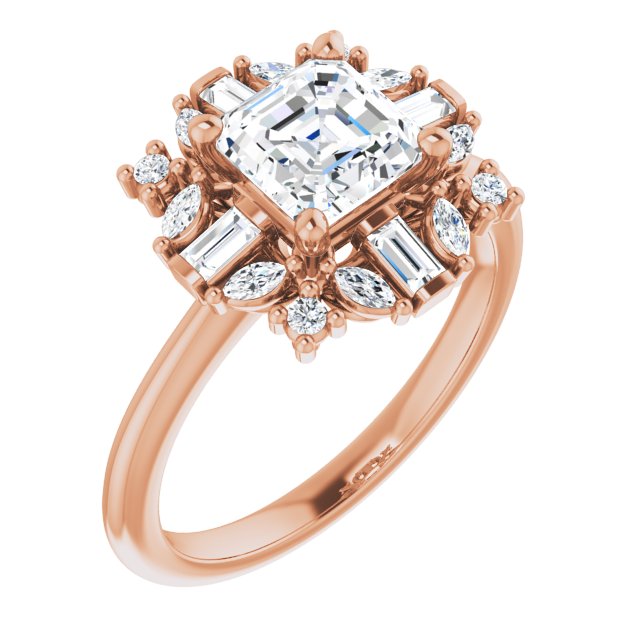 VIOLA Halo Asscher Engagement Ring with Baguette, Round & Marquise Diamonds - 18K Rose Gold - View 1