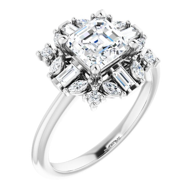 VIOLA Halo Asscher Engagement Ring with Baguette, Round & Marquise Diamonds - Platinum - View 1
